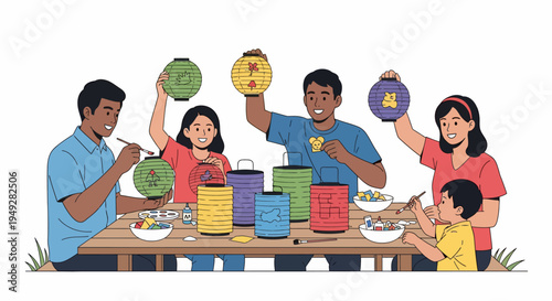 Family Holding Colorful Plates.