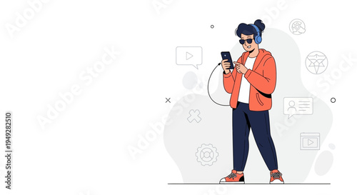 Young man with headphones listening to music on smartphone, modern flat illustration style