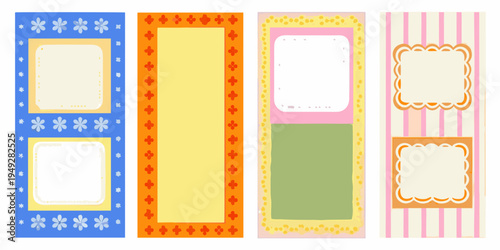 Four decorative rectangular frames with colorful patterns and blank centers