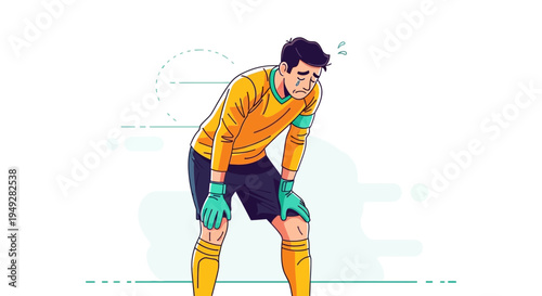 Tired male soccer goalkeeper in yellow jersey and green gloves resting with hands on knees after a strenuous game.