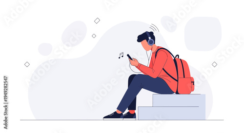 Young man with headphones listening to music on smartphone, sitting on steps with backpack