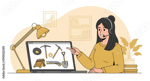 Woman with headset points to laptop displaying mining tools.