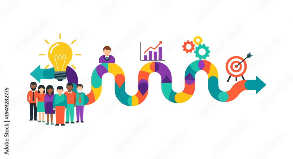 Fototapeta premium Team Collaboration Journey to Success: Diverse Business Group Progressing from Idea to Goal Achievement with Strategy & Growth Metrics