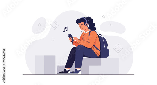 Young person with headphones listening to music on phone, backpack, modern illustration
