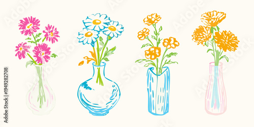 Colorful floral arrangements in sketched vases against a cream background