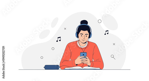 Young person with headphones listening to music on phone, studying or relaxing