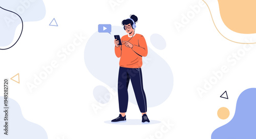 Young person with headphones on phone, listening to music or watching video, modern illustration