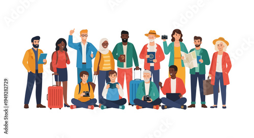Diverse Group of Happy Travelers and Tourists Ready for Global Adventure - Modern Flat Illustration