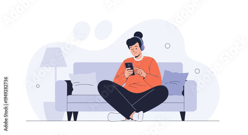 Young person with headphones using smartphone while sitting on couch, relaxed lifestyle