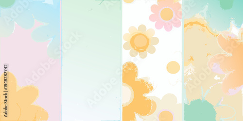 Colorful abstract floral patterns arranged in vertical stripes