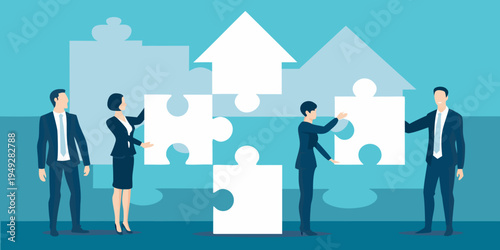 Business team collaborating to complete a puzzle with upward trending arrows