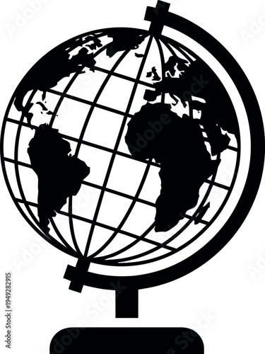 A black and white silhouette illustration of a world globe showing continents and grid lines on a stand.