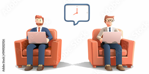 Two businessmen seated in armchairs working on laptops with a clock