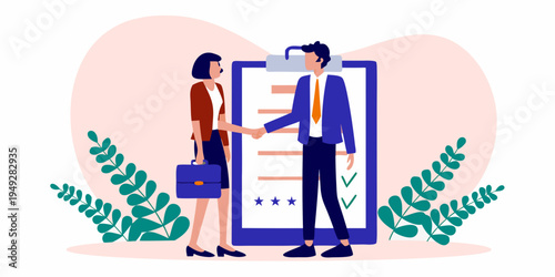 Successful job interview a woman and man shake hands in front of a checklist