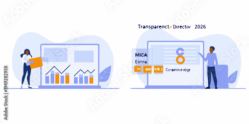 Business professionals analyzing data on large laptop displays with charts
