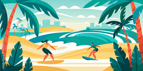 A vibrant illustration depicts people enjoying a sunny day at the beach
