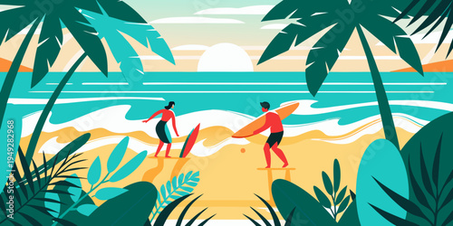 A vibrant illustration of surfers enjoying a tropical beach scene