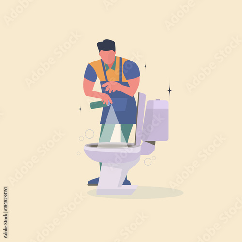 Minimalist flat vector illustration of a professional cleaner disinfecting a toilet with spray, janitorial sanitation service concept isolated on a plain background.