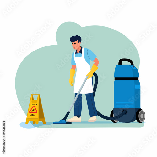 Minimalist flat vector illustration of a professional cleaner using an industrial vacuum machine with a yellow wet floor caution sign, commercial janitorial service concept.