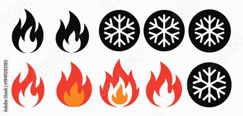 Fire flame icons and winter snowflake symbols in circular design, red flame heat element with cold snow crystal motif, seasonal temperature contrast vector illustration