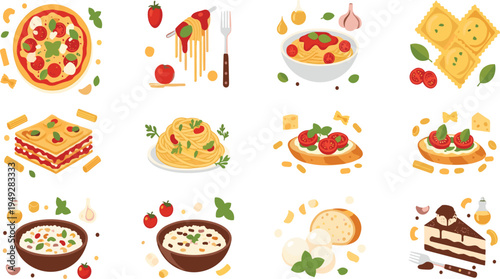 Italian Food Icon Set Featuring Pizza, Pasta, Lasagna, Ravioli, Spaghetti, Tomato Bruschetta, Soup, Cheese, and Classic Mediterranean Cuisine Dishes.