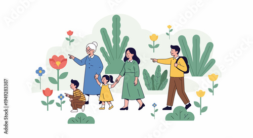 Family Walking in Garden.