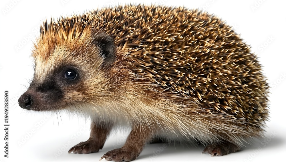 Obraz premium A close-up of a cute hedgehog with detailed spines. It has dark, beady eyes and a small, wet nose. The hedgehog’s fur is a mix of brown and beige, set against a clean white background. Focus is sharp,