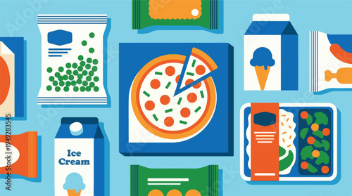 Flat lay graphic illustration featuring an assortment of frozen foods