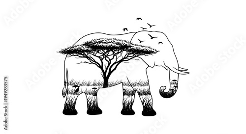 A Beautiful Silhouette Featuring a Serengeti Landscape with an Acacia Tree, Flying Birds, and Tall Grass, Representing Wildlife Conservation and Nature.