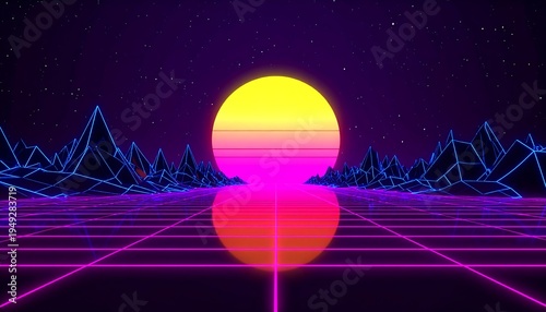 Retro scene with grid ground, stylized mountains, and bright, rising sun in a purple, star-filled sky