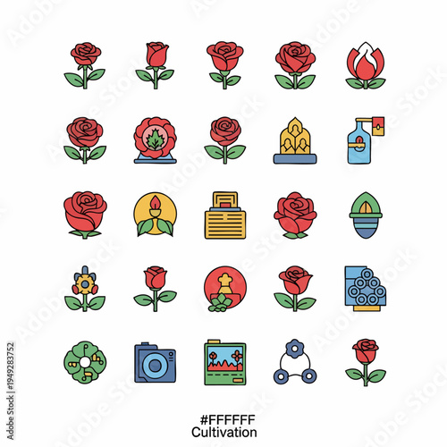 A collection of flat design icons representing various elements of cultivation, including roses, cameras, and abstract shapes, set against a clean white background with a vibrant color palette.