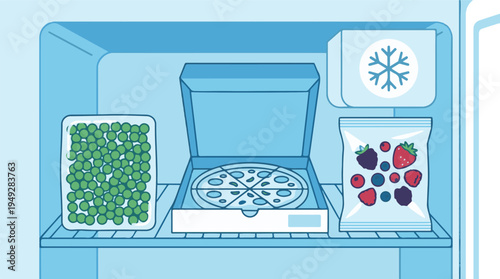 Illustration of various frozen food items on a freezer shelf