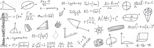 Hand drawn mathematical equations and geometric shapes on a white background mathematics formula 4 geometry