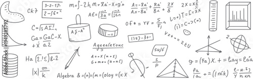 Hand drawn mathematical equations and geometric shapes on a white background mathematics formula 2 geometry