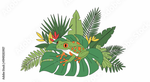 Green Frog on Leaves.