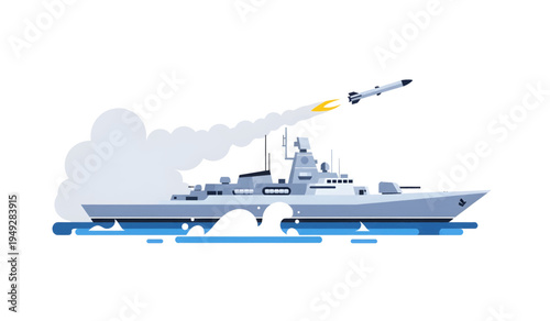 Warship launching missile into the air.