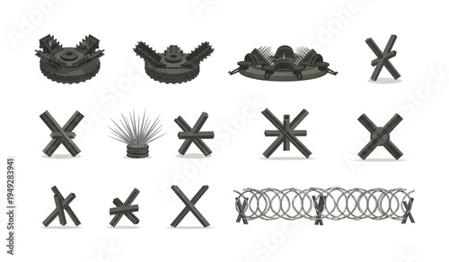 Collection of Barbed wire fence rolls and sections.