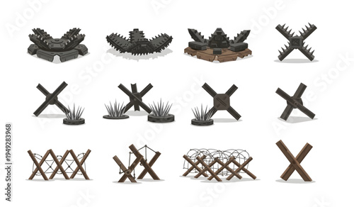 Collection of Barbed wire fence sections closeup.