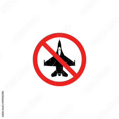No fighter jet prohibition sign icon on white background