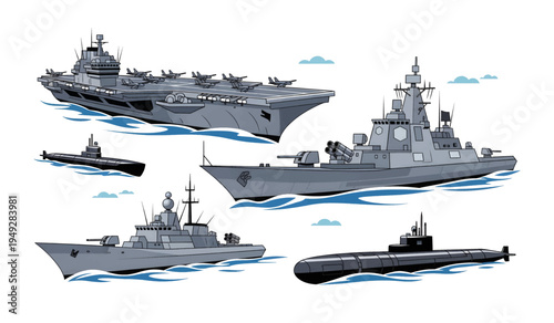 Collection of Military naval ships and submarines fleet.