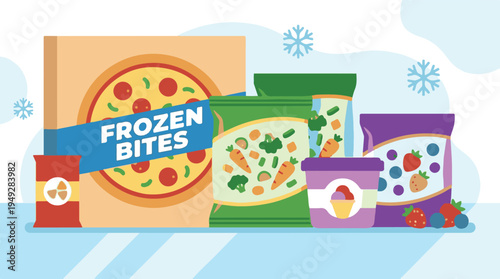 Assortment of various frozen food products and cold items illustration