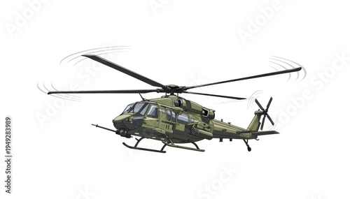 Military helicopter in flight mode.
