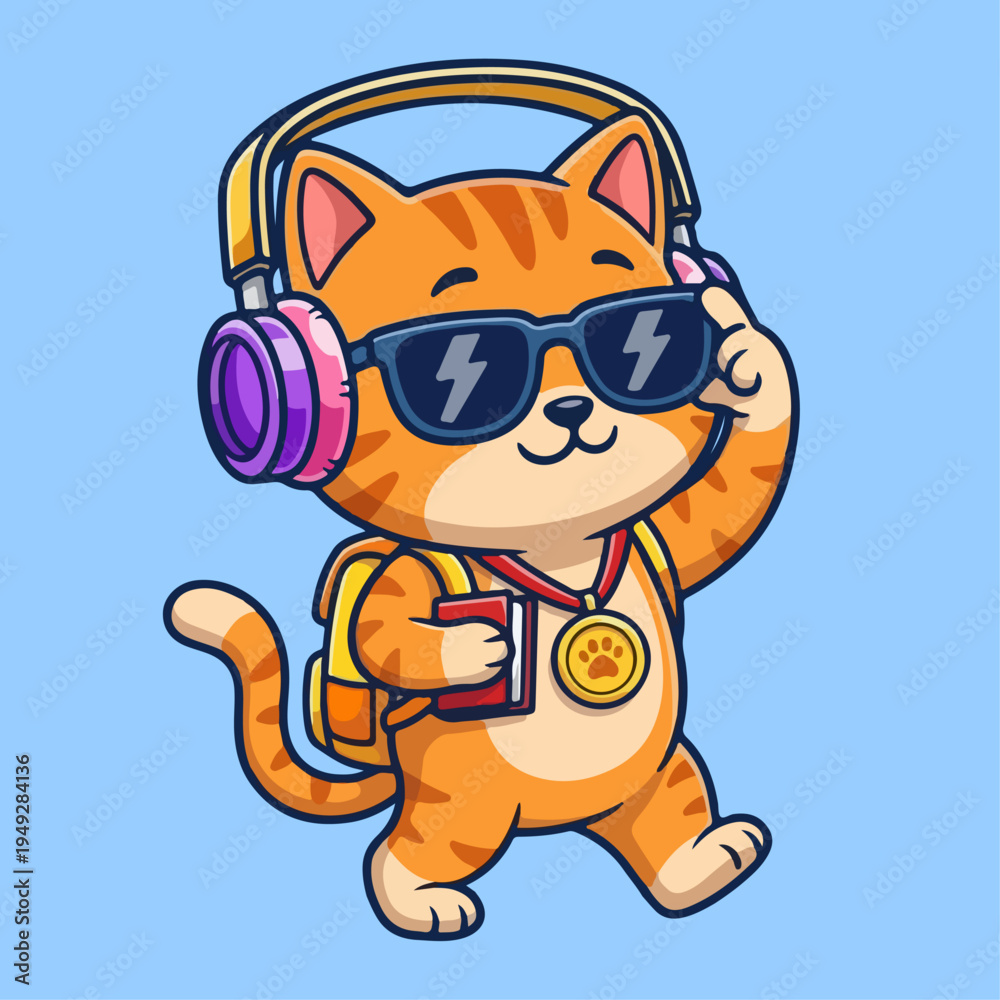 Fototapeta premium Cute Cartoon Cat Student Walking with Headphones and Backpack