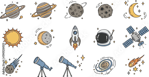 Space Astronomy Icon Set Featuring Planets, Sun, Moon, Rocket, Astronaut Helmet, Satellite, Telescope, Galaxy, Asteroid, and Comet for Science and Education Designs.