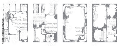 Four grey grunge textured panels with handwritten script and abstract