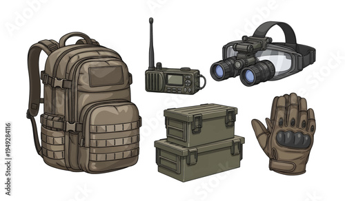 Collection of Military tactical backpack and gear.