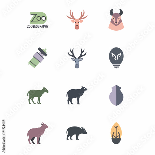 A collection of stylized flat vector icons representing various animals, including deer, antelope, and a boar, set against a clean white background.