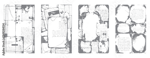 Grunge collage of vintage handwritten letters and floral in grey tones