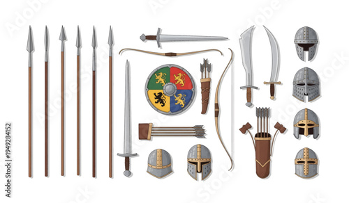 Collection of Medieval knight armor and weapon set.