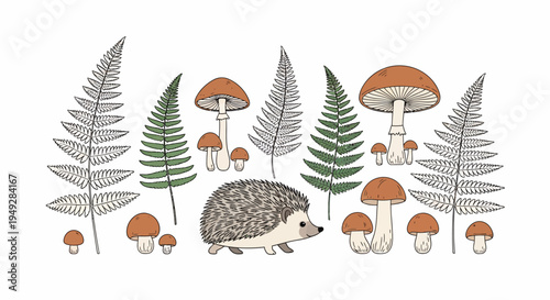 Hedgehog among mushrooms and trees.